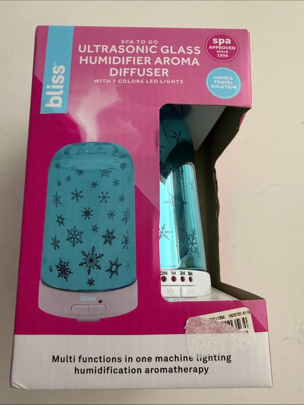 NIB Bliss Blue Ultrasonic Glass Humidifier Aroma Diffuser 7 color led lights